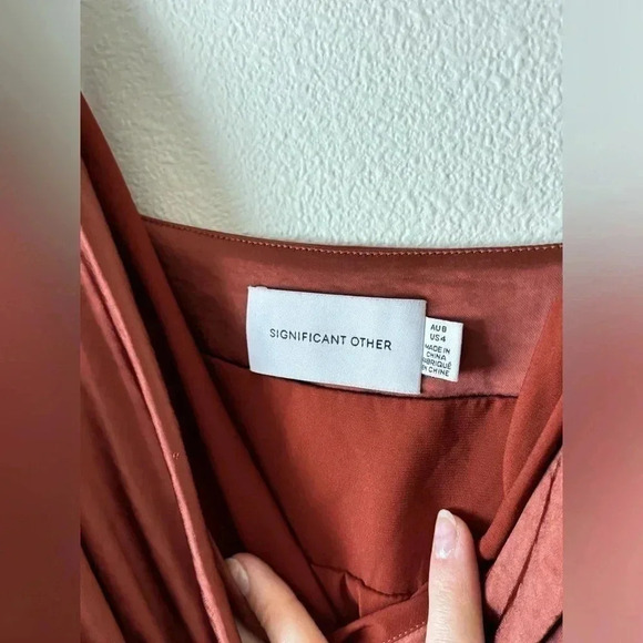 Significant Other Goldie Draped Satin Side Ruched Slip Strappy Mini Dress Bronze - Picture 9 of 10